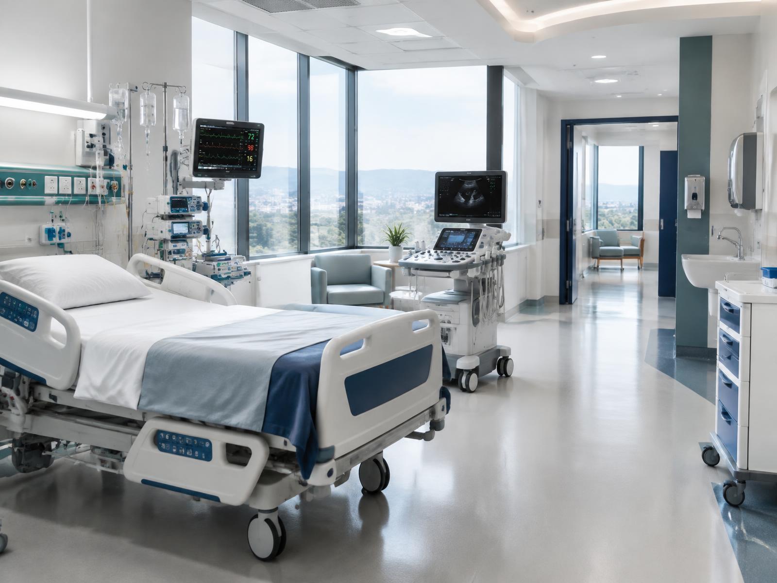 Habitación hospitalaria moderna equipada con monitor de signos vitales y equipo médico